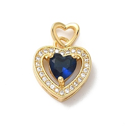 Темно-Синий Стойки обшивки латунь кубического циркония подвески, долговечный, без свинца и без кадмия, Двойное сердце, реальный 18 k позолоченный, темно-синий, 19x13x6 мм, отверстие : 6x3 мм