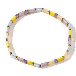 (52) Непрозрачная лаванда Винтажные этнические стеклянные бусины эластичные браслеты для женщин, прямоугольные, разноцветные, внутренний диаметр: 6-1/4 дюйм (16 см) ~ 6-1/2 дюйм (16.5 см)