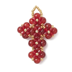 Красный Подвески-крестики из натурального сердолика и стеклянного бисера, с латунными, стеклянными, натуральными и синтетическими круглыми бусинами, красные, 49.5x34.5x11.5 мм, отверстие : 5 мм