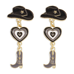 Black Enamel Heart Cowboy Hat Boot Dangle Stud Earrings, Alloy Jewelry for Women, Black, 57x24mm