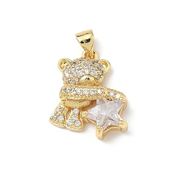 Настоящее золото 18K Подвески из латуни микропаве с фианитами и стеклом, медведь со звездой, без кадмия и без свинца, долговечный, реальный 18 k позолоченный, 18.5x19x7 мм, отверстие : 4.5x3 мм