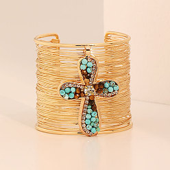 Золотой Браслеты-манжеты из сплава, синтетической бирюзы и натурального тигрового глаза, многорядные браслеты для женщин, крестик, золотые, внутренний диаметр: 2-3/8 дюйм (6 см)