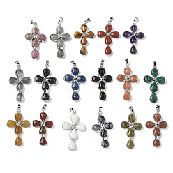 Mixed Stone Natural & Synthetic Mixed Stone Pendants, Cross Charms, with Platinum Tone Brass Findings, Mixed Dyed and Undyed, 38~41x22.5~23.5x5.5~6mm, Hole: 5.5x3.5mm
