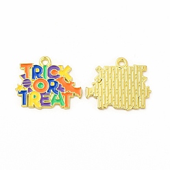 Light Gold Стойки обшивки сплава эмали подвески, без кадмия, без никеля и без свинца, Хэллоуин тема, летучая мышь со словом трюк или угощение, золотой свет, 20x24x1.5 мм, отверстие : 2 мм