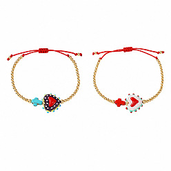 Mixed Color 2Pcs 2 Colors Dyed Synthetic Turquoise Cross and Glass Heart Braided Bead Bracelets for Women, Adjustable Stackable Bracelets with Round Brass Beads, Golden, Mixed Color, 11.02 inch(28cm), 1pc/color