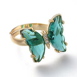 Teal Adjustable Brass Glass Finger Rings, with Clear Cubic Zirconia, Butterfly, Golden, Teal, Size 7, Inner Diameter: 17mm