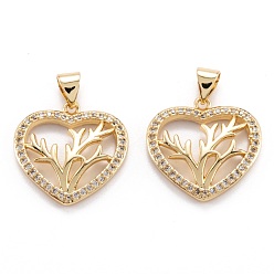 Real 18K Gold Plated Brass Micro Pave Clear Cubic Zirconia Beads Pendants, Cadmium Free & Lead Free, Long-Lasting Plated, Heart of Tree, Real 18K Gold Plated, 19x19x3mm, Hole: 3.3mm