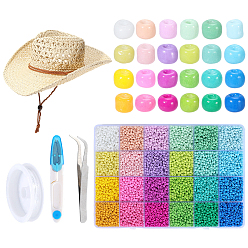 Mixed Color DIY Straw Cowboy Hat Making Kits, include Stainless Steel U Shaped Scissors & Tweezers, 24 Grids Glass Seed Beads, Elastic Crystal Thread, Mixed Color, 11.5x1.8cm
