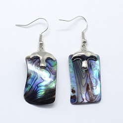 Shell Abalone Shell Rectangle Dangle Earrings, with Platinum Plated Brass Ear Hooks, 51mm, Pin: 0.8mm