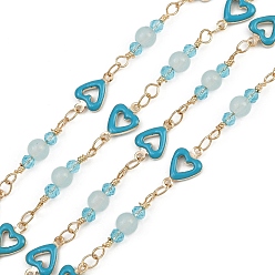 Золотой Латунные сердечные цепи, со стеклом и эмалью, долговечный, стойки покрытие, без свинца и без кадмия, несварные, ручной работы из бисера цепи, золотые, 11x7x1.5 мм