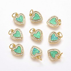 Golden Brass Micro Pave Cubic Zirconia Charms, with Synthetic Opal, Heart, Golden, 12x10x2mm, Hole: 4mm