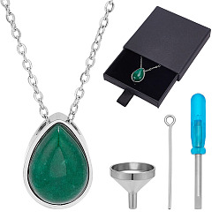 White Jade Dyed Natural White Jade Green Teardrop Urn Ashes Pendant 304 Stainless Steel Cable Chain Necklaces, Stainless Steel Color, with Square Paper Drawer Boxes, Green, 17.80 inch(45.2cm)