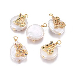 Capricorn Natural Cultured Freshwater Pearl Pendants, with Brass Micro Pave Cubic Zirconia Findings, Nuggets with Constellation, Golden, Colorful, Capricorn, 17~22x11~16x5~11mm, Hole: 1.6mm