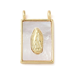 Virgin Подвески из латуни с натуральными белыми ракушками, прямоугольник амулеты, реальный 18 k позолоченный, долговечный, без свинца и без кадмия, стойки покрытие, девственница, 18x11x3.5 мм, отверстие : 1.6 мм