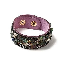 Agate Indienne Bracelet à cordon pression en faux suède, bracelet en perles d'agate indienne naturelle et de coquillages pour hommes femmes, 8-5/8 pouce (22 cm)