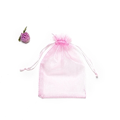 Pink Прямоугольные сумки для хранения подарков из органзы на шнурке, розовые, 15x10 см