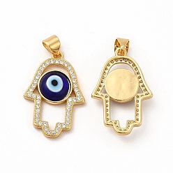 Medium Blue Rack Plating Brass Micro Pave Clear Cubic Zirconia Pendants, with Handmade Evil Eye Lampwork, Cadmium Free & Lead Free, Long-Lasting Real 18K Gold Plated, Hamsa Hand Charm, Medium Blue, 25.5x17x4mm, Hole: 5.5x3.5mm