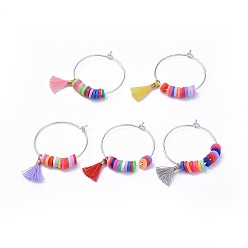 Mixed Color Wine Glass Charms, with Brass Findings, Polymer Clay Heishi Beads and Polycotton(Polyester Cotton) Tassel Charms, Mixed Color, 37mm, Pin: 0.8mm
