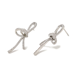 Platinum Brass Stud Earrings, Cubic Zirconia Cadmium Free & Lead Free, Bowknot, Platinum, 32x14.5mm
