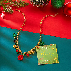 Цветок Ожерелья-нагрудники с подвеской из сплава, страз и эмали на рождественскую тематику, золотые, красный белый и зеленый, цветок, 18.50 дюйм (47 см), Кулон : 25 мм