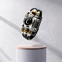 Letter C Браслеты из многорядного шнура с буквами из полиуретана, буквы, со сплавом и стеклом, буква С, 6-7/8 дюйм (17.5 см)