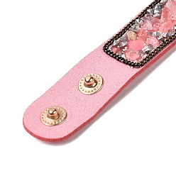 Quartz Rose Bracelet à cordon pression en faux suède, bracelet en perles de quartz rose naturel et éclats de coquillages pour hommes femmes, 8-5/8 pouce (22 cm)