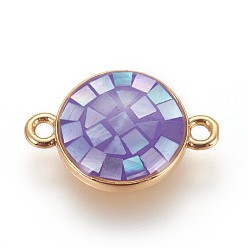 Lilac Brass Enamel Links, with Freshwater Shell, Flat Round, Golden, Lilac, 14.5x10x3.5mm, Hole: 1.2mm