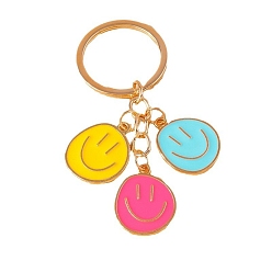 Mixed Color Alloy and Enamel Keychains, Flat Round with Smiling Face, Mixed Color, 7.9cm