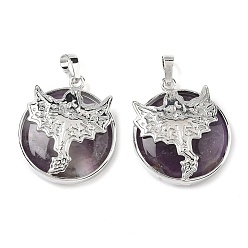 Аметист Природный аметист плоские круглые подвески, латунные драконьи драгоценные камни амулеты, платина, стойки покрытие, без кадмия и без свинца, 31.5x27x7.5~8.5 мм, отверстие : 8x5 мм
