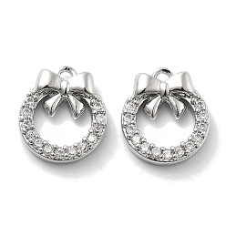 Платина Микро проложить кубического циркония подвески, без кадмия, без никеля и без свинца, круглая с подвесками-бантиками, платина, 12x10.5x3 мм, отверстие : 1.2 мм
