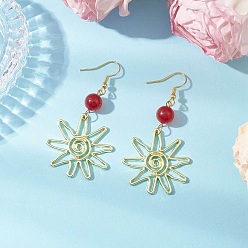 Малайский Нефрит Серьги-подвески из малайзийского нефрита, цветы, золотой свет, 62x31.5 мм