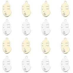 Mixed Color Brass Pendant, Long-Lasting Plated, Nickel Free, Face, Mixed Color, 33.5x17.5x1mm, Hole: 2.5mm, 2 colors, 10pcs/color, 20pcs/box