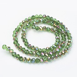 Lime Green Electroplate Transparent Glass Beads Strands, Half Rose Gold Plated, Faceted, Rondelle, Lime Green, 3x2mm, Hole: 0.8mm, about 150~155pcs/strand, 15~16 inch(38~40cm)