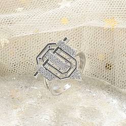 Платина Латунные микропаве прозрачные кубические цирконии открытые манжеты кольца для женщин и мужчин, без кадмия и без свинца, щит, платина, 2.5 мм, внутренний диаметр: регулируемый