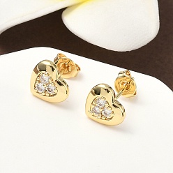Настоящее золото 18K Серьги-гвоздики из латунного микро-паве, без кадмия и без свинца, сердце, реальный 18 k позолоченный, 8.5x7.5 мм