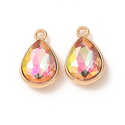 Pink Electroplate Glass Pendants, Teardrop Charms, with Alloy, Golden, Faceted, Pink, 19.5x12.5x5.5mm, Hole: 1.8mm