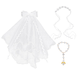 White 1Pc Polyester Bridal Veils, Bowknot, with 1Pc Plastic Artificial Flower Headbands, 1Pc Plastic Imitation Pearl Charm Bracelets, White, Veils: 555x690x21mm
