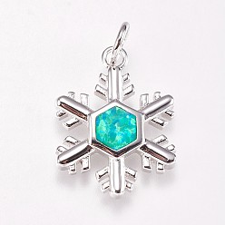 Turquoise Brass Pendants, with Synthetic Opal, Snowflake, Platinum, Turquoise, 20.5x15.5x2mm, Hole: 4mm