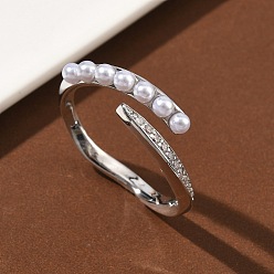Платина Открытые кольца манжеты из латуни с микропаве и кубическим цирконием, с жемчужинами из абс-пластика, без кадмия и без свинца, долговечный, стойки покрытие, платина, 8.5 мм, внутренний диаметр: 18 мм