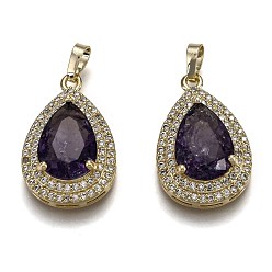 Фиолетовый Позолоченная латунь с микропаве из прозрачного кубического циркония, со стеклом, долговечный, с кнопкой на поруки, слеза, фиолетовые, 24.5x16x7.5 мм, отверстие : 3x5 мм