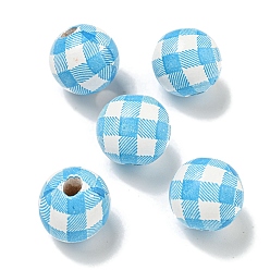 Светло-Голубой Набивные деревянные европейские бусины, круглый с рисунком тартана, Небесно-голубой, 15.5~16 мм, отверстие : 4~4.5 мм