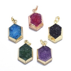 Mixed Color Natural Druzy Agate Pendants, Edge Golden Plated, with Golden Tone Brass Finding, Hexagon, Dyed & Heated, Mixed Color, 29~29.5x18~18.5x10.5~11.5mm, Hole: 5x8mm