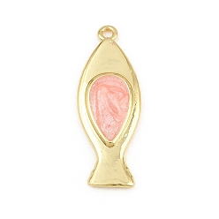 Pink Brass Pendants, Fish Charms, with Enamel, Cadmium Free & Lead Free, Rack Plating, Long-Lasting Plated, Real 18K Gold Plated, Pink, 28x10x3mm, Hole: 1.5mm