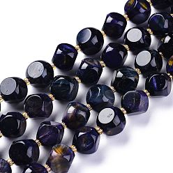Midnight Blue Natural Tiger Eye Beads Strands, Dyed & Heated, with Seed Beads, Six Sided Celestial Dice, Midnight Blue, 11.5~12.5x11.5~12.5mm, Hole: 1mm, about 29~30pcs/strand, 15.55~15.94inch(39.5~40.5cm)