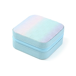 Sky Blue Tartan Printed PU Imitation Leather Jewelry Storage Zipper Boxes, for Necklaces Bracelets Earrings Rings, Square, Sky Blue, 10x10x5cm