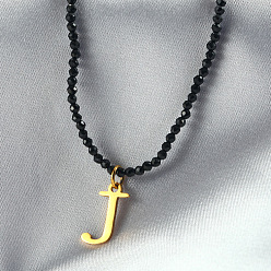 Letter J 304 подвеска из нержавеющей стали с инициалом, ожерелья из граненых круглых бусин черного стекла для женщин, золотые, буква J, 15.35 дюйм (39 см)