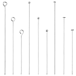 Посеребрённый 90 шт. 9 стили латунные штифты с ушками и головками, 925 серебро покрытием, 30~50.5x0.6~3x0.6 мм, 10 шт / стиль