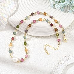 Colorful Natural Multicolor Tourmaline Faceted Cube Beaded Chain Necklaces with Natural Rice Pearl, 304 Stainless Steel Jewelry for Women, Golden, Colorful, 16.34 inch(41.5cm)