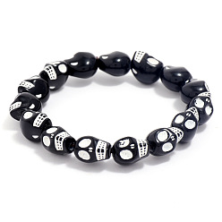 Black Resin Beaded Bracelets, Skull, Black, 7-1/8~7-1/2 inch(18~19cm)