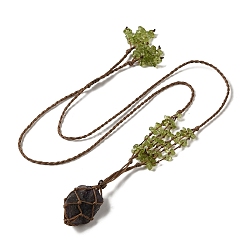 Amethyst Natural Amethyst Braided Bead Pendant Necklacess, with Peridot Chips, Wax Rope Pouch Adjustable Necklaces, 27.24~29.84 inch(69.2~75.8cm)